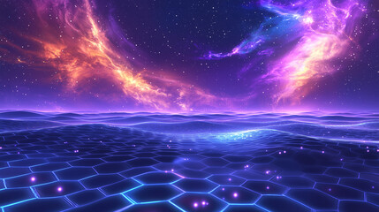 Poster - A digital artwork depicting a futuristic landscape with a glowing hexagonal grid beneath vibrant nebulae and a starry sky
