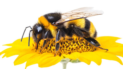 Poster - Fuzzy bumblebee gathering golden pollen from vibrant yellow bloom, highlighting pollination process with crisp isolated background