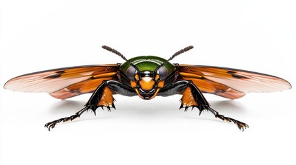 Poster - Detailed Close-Up of a Beetle with Shiny Wings Captured Against a White Background