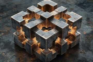 Poster - Glowing metal cube puzzle sculpture.