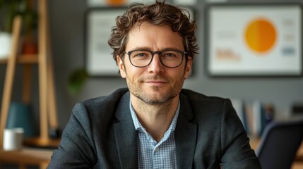 Poster - a professional man with curly hair and glasses smiles confidently in a modern office setting, charac