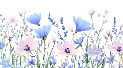 Fototapete - Realistic vector illustration of a seamless border of pink and blue flowers and herbs on transparent background