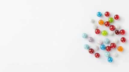 Poster - Colorful Toy Marbles Scattered on a White Background Perfect for Creative Projects and Backgrounds