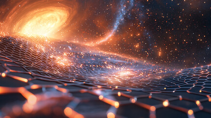 Poster - A digital rendering depicts a hexagonal graphenelike structure within a cosmic scene featuring a fiery, swirling singularity and scattered stars
