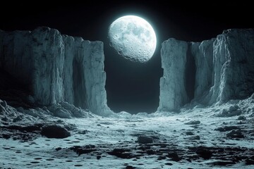 Wall Mural - Monochromatic Abstract Digital Rendering of Rocky Lunar Landscape Under a Full Moon at Night