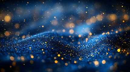Poster - abstract blue and gold glittering particle background with bokeh lights effects