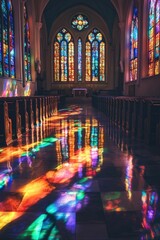 Wall Mural - Church interior with stained glass