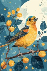 Aufkleber - A colorful bird perched on a branch with yellow berries against a moonlit background.