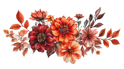 Poster - Watercolor bouquet depicting vivid orange, red flowers and autumn leaves, highlighting seasonal warmth against transparent backdrop