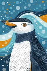 Aufkleber - a stylized illustration of a penguin against a colorful, abstract background.