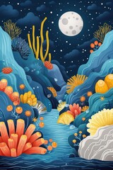 Poster - A vibrant underwater scene featuring coral, marine life, and a moonlit sky.