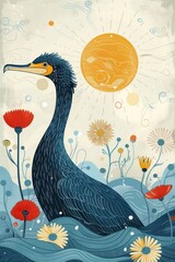 Poster - A stylized bird amidst whimsical flowers and waves, under a sunlit backdrop.