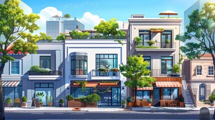 A vibrant street scene featuring modern and traditional buildings adorned with greenery and outdoor seating in a sunny atmosphere.