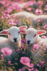 Wall Mural - Lambs in field of flowers