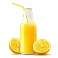 Poster - A bottle of orange juice with a straw and an orange slice on the rim, isolated on a pure white background for a refreshing look.