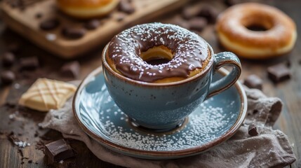 Poster - A charming image of a donut being dipped into a cup of coffee or hot chocolate, capturing the moment of indulgence and the contrast between the warm drink and the sweet treat.