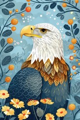 Poster - A stylized illustration of an eagle surrounded by flowers and fruits on a blue background.