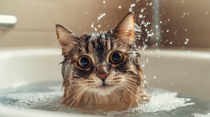 Poster - A close-up of a cat sitting in a shallow bath with gentle water splashing around, showing its curious expression and wet fur in a cozy bathroom setting.