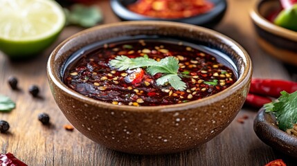 Wall Mural - A close-up of a chili dipping sauce made with fish sauce, lime, and chopped chilies in a small ceramic bowl, placed on a wooden table with other Thai condiments.