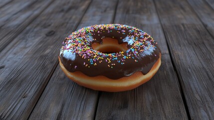 Poster - A close-up of a delicious donut with glossy chocolate glaze and colorful sprinkles, placed on a rustic wooden table, ready to be enjoyed.