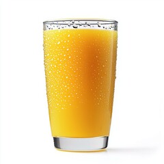 Poster - A close-up of orange juice in a tall glass, with droplets on the outside, isolated against a clean white background.
