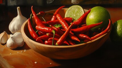 Poster - A close-up of vibrant red chilies in a wooden bowl, surrounded by garlic, lime, and fish sauce on a kitchen countertop, representing essential Thai condiments.