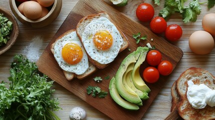 Poster - A delicious breakfast spread featuring toasted bread, avocado slices, poached eggs, and cherry tomatoes, arranged beautifully on a clean, modern kitchen counter.