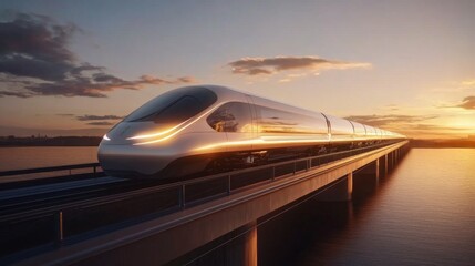 Poster - A dynamic shot of a high-speed train crossing a bridge at sunset, with the golden light reflecting off its smooth, aerodynamic design.
