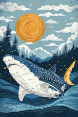 Poster - A whimsical illustration of a whale shark swimming against a vibrant landscape with a sun.
