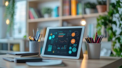 Poster - a modern workspace featuring a tablet displaying data graphics, surrounded by stationery and a plant