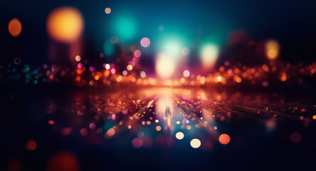 Leinwandbilder - Abstract bokeh lights in dark blue, orange, and green create a blurry, dreamlike cityscape effect with sparkling reflections.  The scene evokes a sense of nighttime magic and soft illumination.