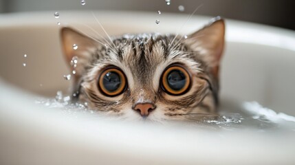 Poster - A high-quality photo of a cat's face peeking out from a tub full of warm water, with water droplets on its whiskers and a look of curiosity or surprise.