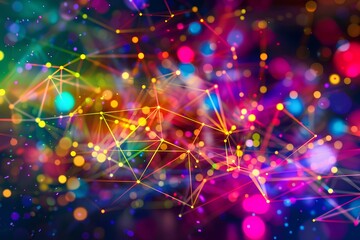 Poster - geometric shapes and structures in colorful neon colors and lights in cyberspace against dark background 
