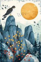 Aufkleber - A stylized landscape featuring a hawk on a rock, vibrant foliage, and a large sun.