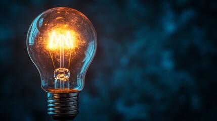 Poster - A high-resolution image of a light bulb with a glowing filament, symbolizing a bright new idea or breakthrough concept against a dark background.