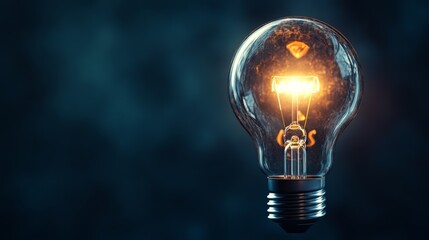 Poster - A high-resolution image of a light bulb with a glowing filament, symbolizing a bright new idea or breakthrough concept against a dark background.