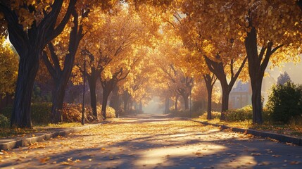 Aufkleber - A high-resolution image of a tree-lined avenue in autumn, with golden leaves covering the road and a peaceful, sunlit ambiance.