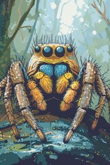 Poster - A colorful, stylized spider sits on a rock in a vibrant forest setting.
