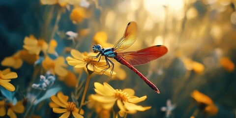 Wall Mural - Dragonfly on Yellow Flower,