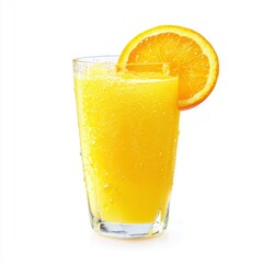 Aufkleber - A refreshing glass of orange juice with an orange slice on top and condensation on the glass, isolated on a pure white background.