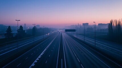 Aufkleber - A serene image of an empty expressway during early morning hours, with soft, diffused light and minimal traffic, capturing the calm before the day begins.
