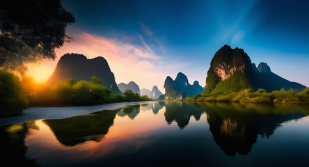 Poster - Serene mountain landscape at golden hour. Jagged peaks reflect in still water, painted with soft sunset hues. A tranquil, picturesque scene.