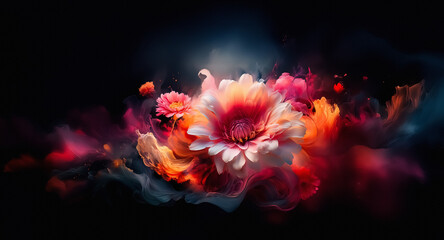 Fototapete - A vibrant flower bursts with colors against a dark backdrop. Swirls of orange, pink, and white emanate from the blossom, creating a dreamy abstract composition.
