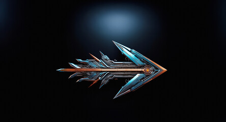 Aufkleber - Futuristic metallic arrow pointing right on a dark backdrop.  The arrow has a complex, mechanical, and sharp design with blue and orange color accents.
