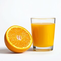 Poster - A whole orange next to a glass of fresh orange juice, isolated on a white background for a clean and fresh presentation.
