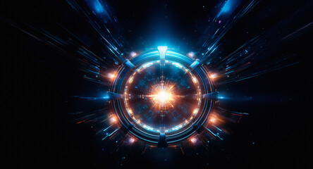 Aufkleber - Abstract glowing circle with blue and orange lights on a black background. Futuristic and abstract sci-fi technology design element.
