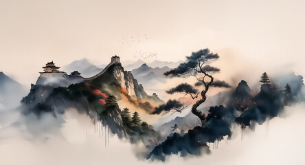 Poster - A misty mountain scene with traditional architecture nestled among peaks and valleys. A lone pine tree stands prominently in the foreground. Soft colors create a peaceful and scenic view.