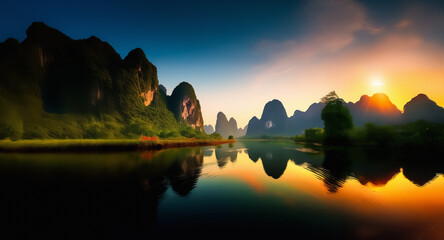 Poster - A stunning landscape depicts majestic mountains and verdant trees mirrored in the serene water below, all illuminated by a breathtaking sunset with orange and blue gradients.