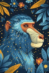 Poster - A vibrant illustration of a monkey surrounded by colorful flowers and leaves.