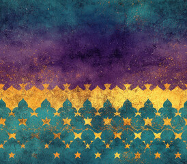 Dramatic mix of midnight purple and dark turquoise with golden patterns, Seamless Pattern Style.